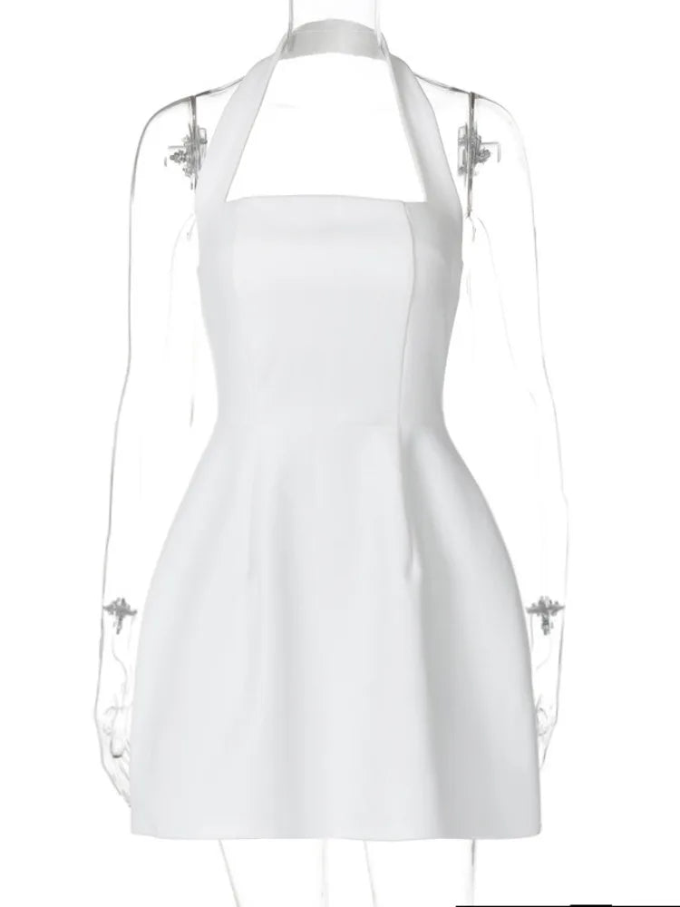 Mozision Halter Square Collar Backless Mini Dress For Women Fashion Solid Sleeveless A-line Loose Club Party Sexy Dress Elegant