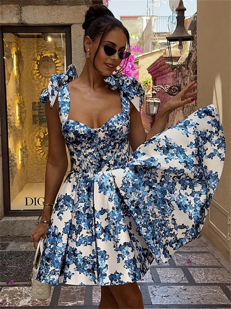 Fashion Women Print Mini Dress Elegant Bow Sling A-line Retract Waist Sleeveless Robe 2025 New Spring Female Party Evening Gown