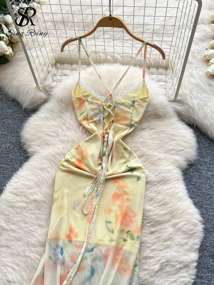 SINGREINY Summer Floral Mesh Long Dress Female Lace Splice V Neck Sleeveless Print Design 2025 Beach Hotsweet Backless Dress