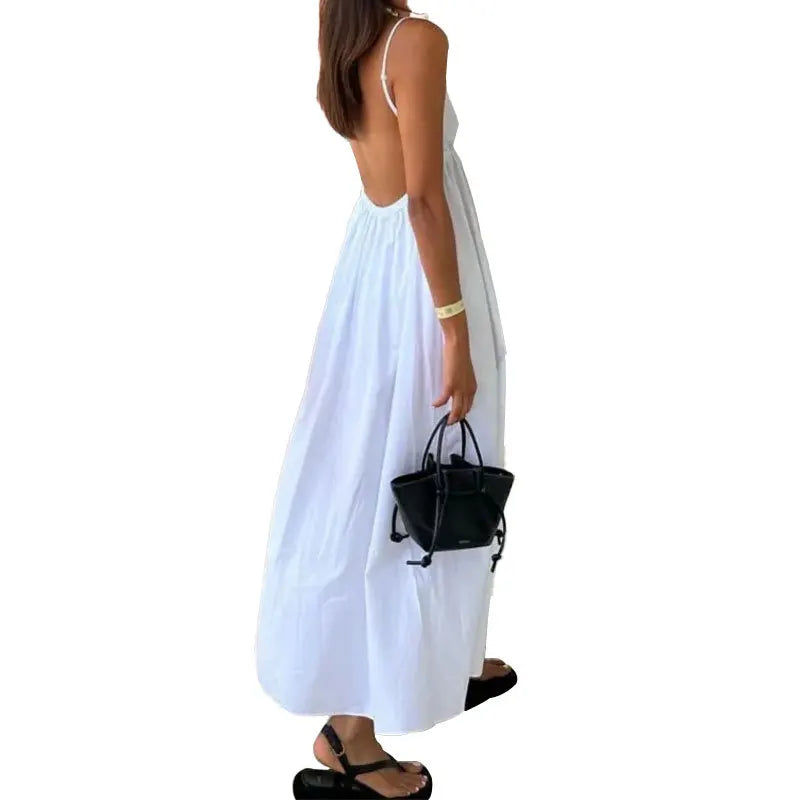 VEITCHE Summer Sexy Backless Women Long Dress V Neck Solid High Waisted Loose Fitting A-line White Dresses Beach Vocation Outfit