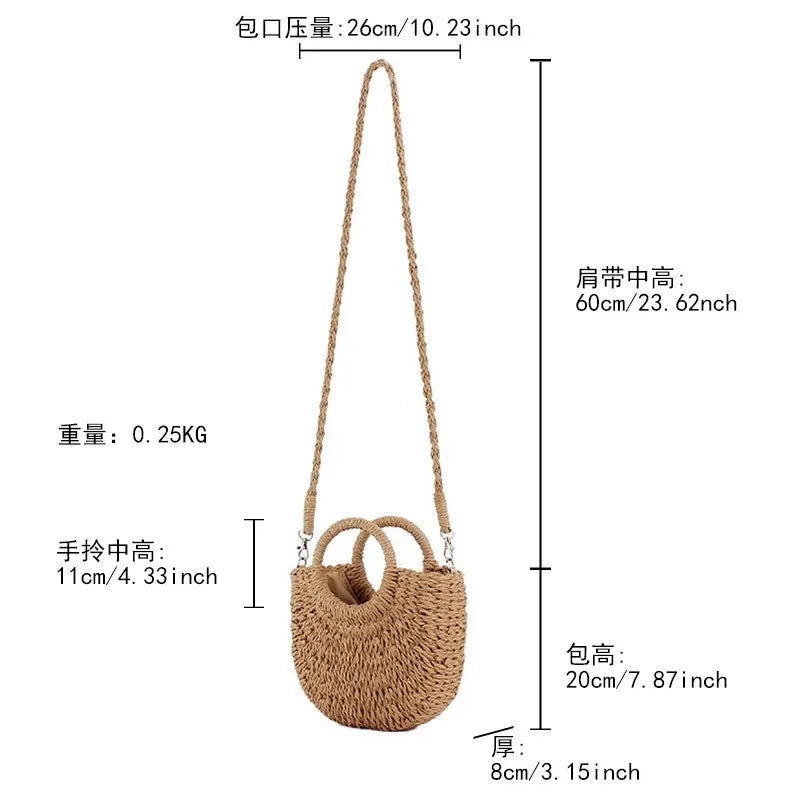 Straw Bag Women Hand-Woven Handbag Moon Shape Lace Bow Rattan Bag Big Capacity Drawstring Casual Beach Shoulder Crossbody Bag