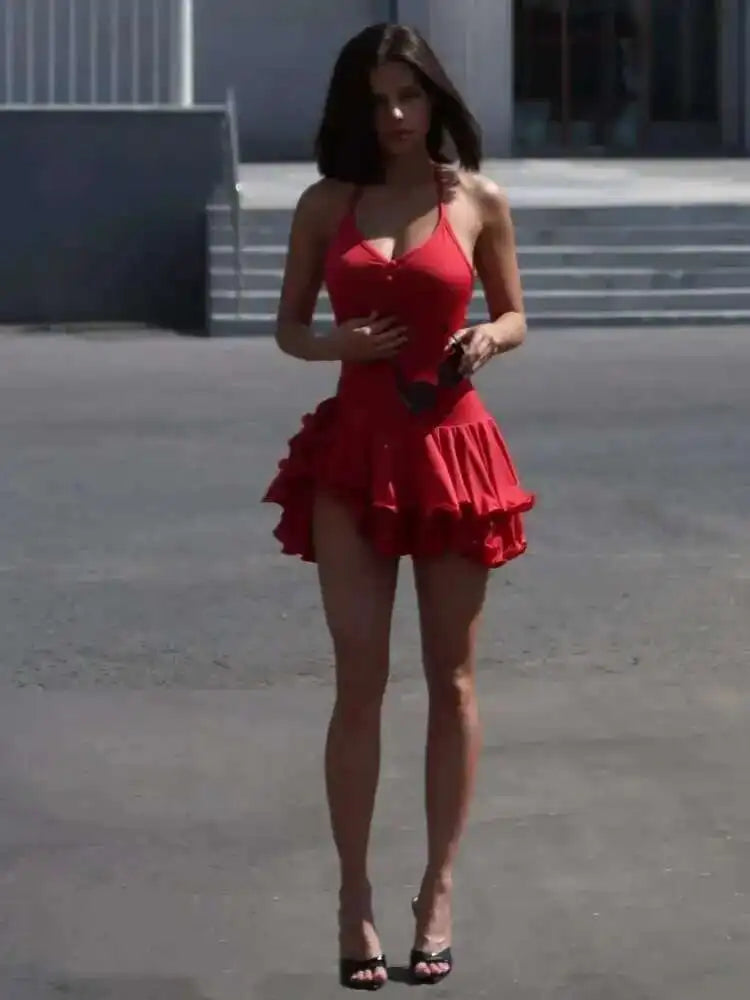 Blifanbo Summer Fashion Ruffle Sexy Mini Dress Women Spaghetti Strap Off-shoulder Sleeveless Backless Beach Club Party Dress