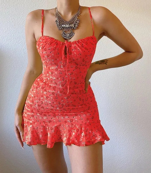 Sexy Dress For Women Spaghetti Strap Sleeveless Fashion Floral Print Bodycon Mini Dresses Summer Ruffles Beach Sundress Robe