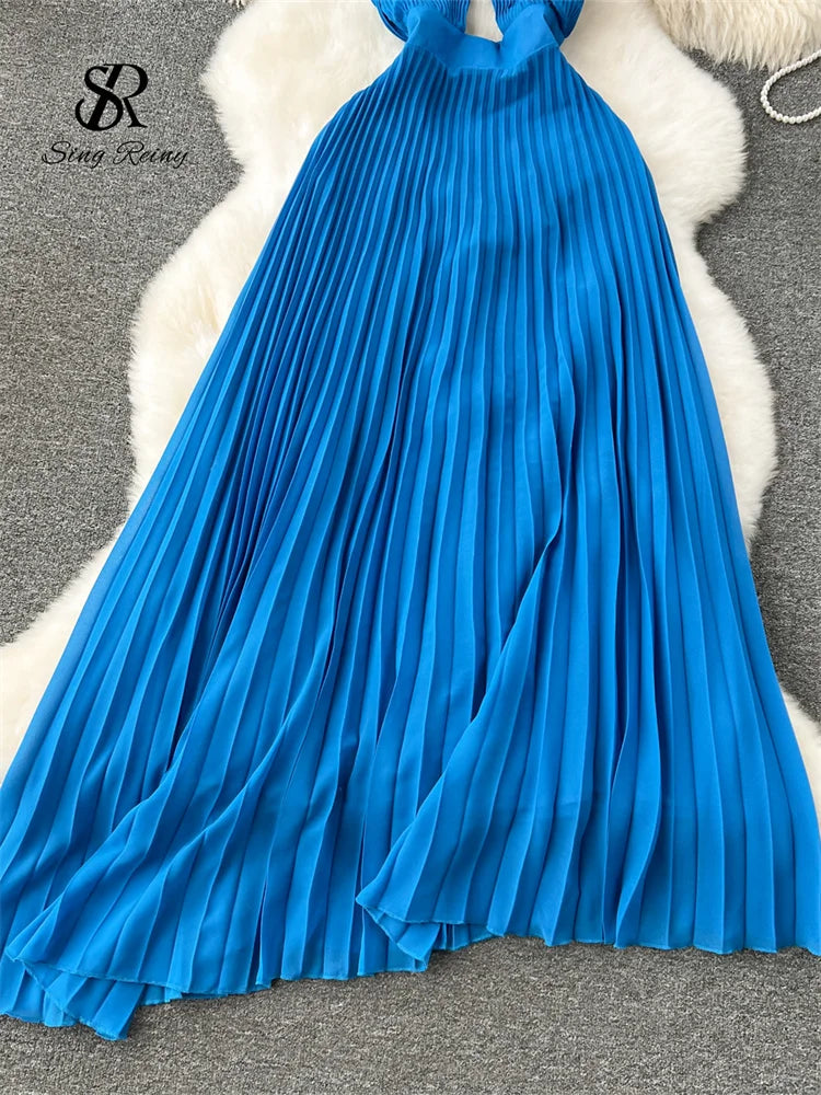 SINGREINY Vacation Halter Pleated Dress Hollow Out Backless Solid Women Sexy Chic Sundress Irregular Long Beach Party Vestidos