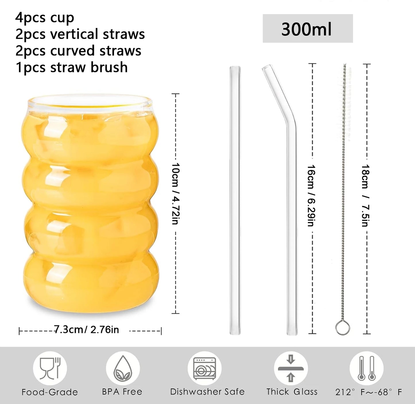Lot de 4 tasses en verre créatives, tasses à café, verres transparents, verres côtelés avec pailles, verres à cocktail et à fruits