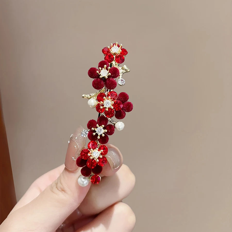 Épingle à cheveux rétro en perles et strass, fleur rouge, style tempérament, pince à ressort à moitié nouée, accessoires pour cheveux du Nouvel An féminin