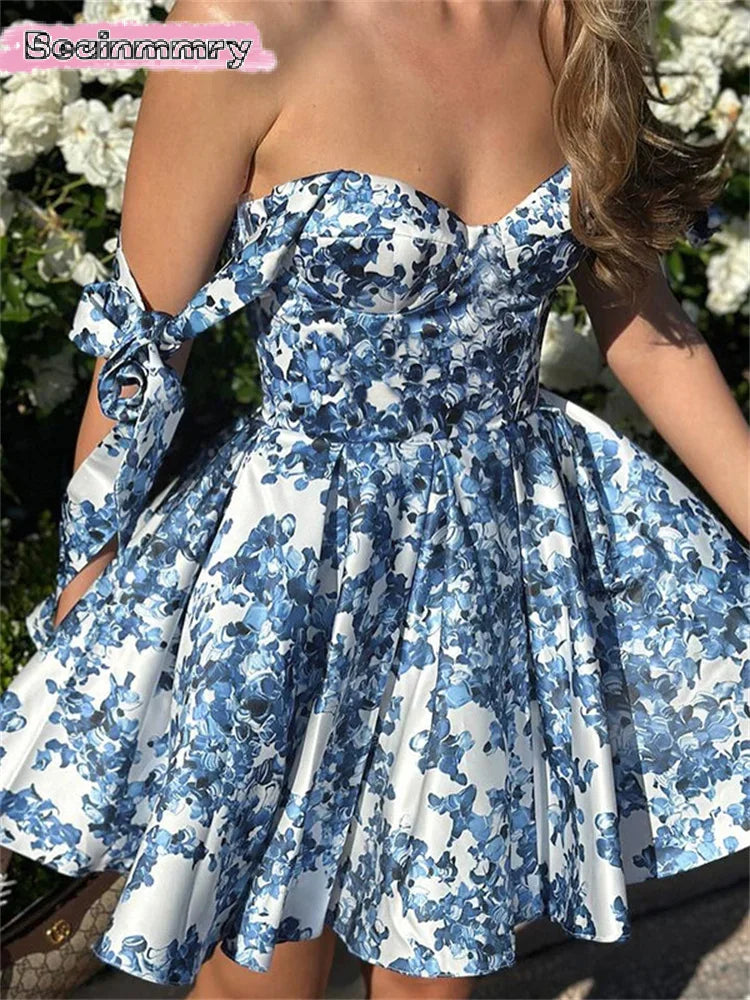 Fashion Women Print Mini Dress Elegant Bow Sling A-line Retract Waist Sleeveless Robe 2025 New Spring Female Party Evening Gown