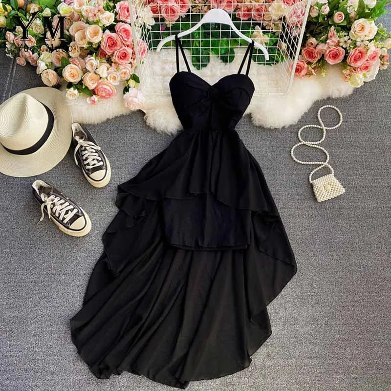 Ins Fashion Slim High Waist Asymmetrical Women Dress 2021 New Summer Elegant White Black Party Dress Ladies Dresses