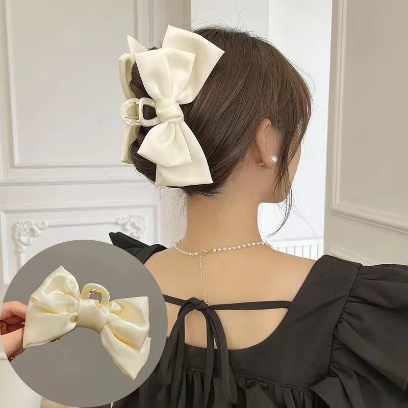 Fashion Double Side Solid Satin Chiffon Big Bows Plastic Large Crab Clips Claw for Women Girls Thick Hair Accessories Headwear