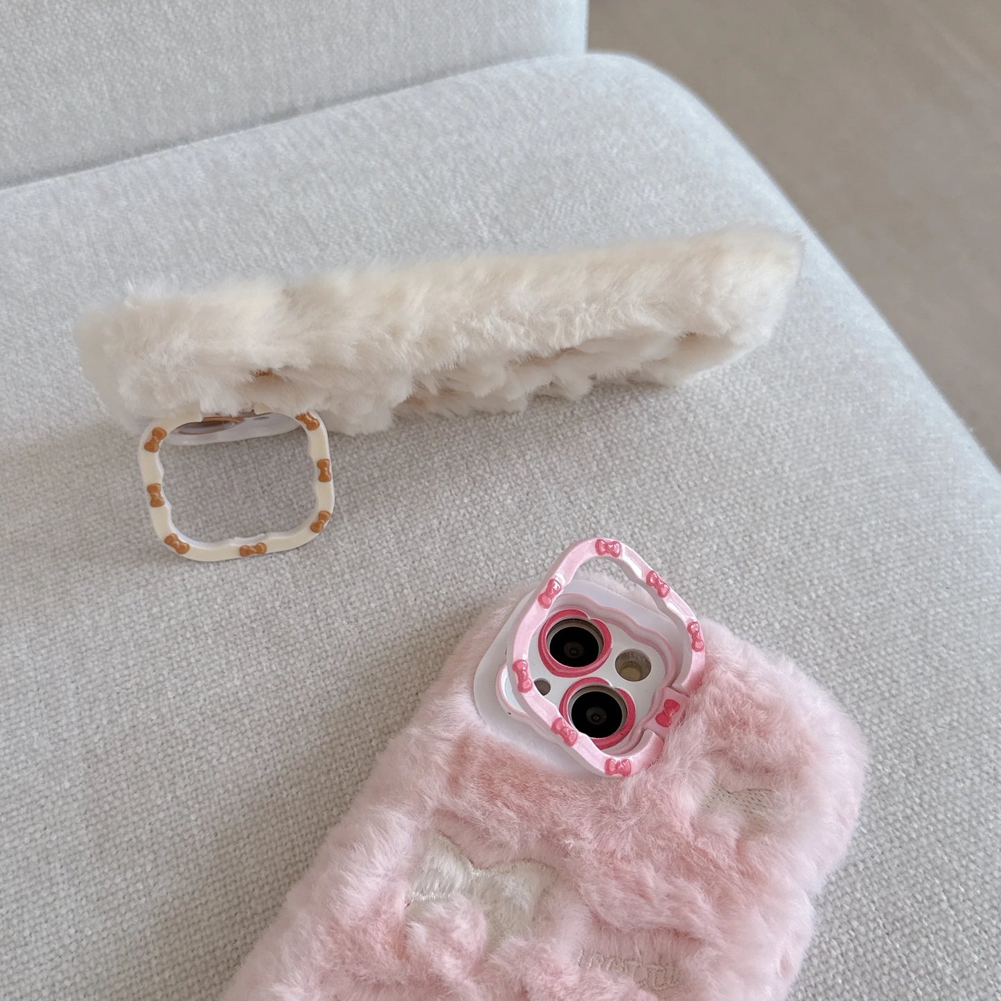 Cute Embroidered Bow Plush Phone Case for Girls Autumn Winter Furry Phone Case for iPhone 16 15 14 13 12 11 Pro Max