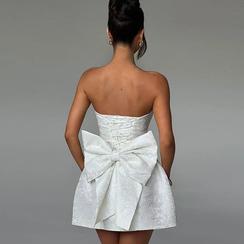 Robe courte élégante en jacquard, sans bretelles, avec nœud, corset blanc, épaules dénudées, dos nu, rose, pour soirée, anniversaire, nouveauté