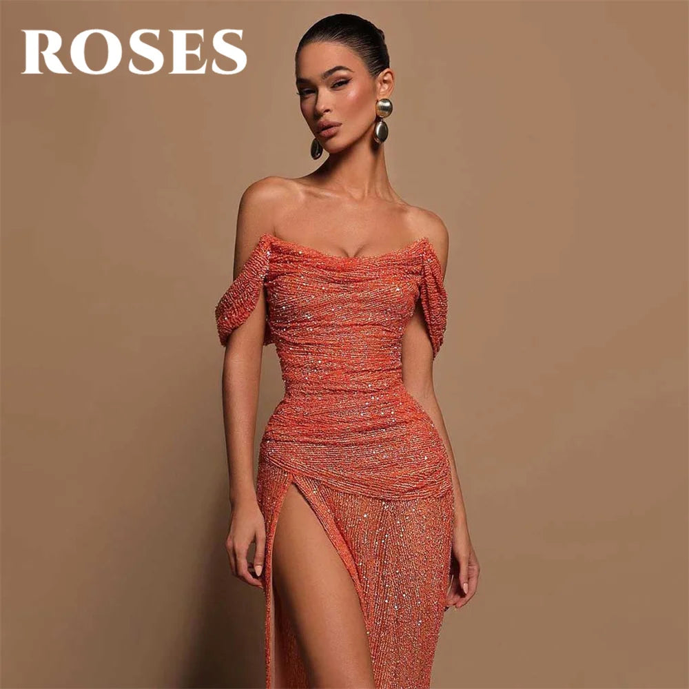 ROSES Orange Evening Dress Strapless Off The Shoulder Mermaid Party Dress Vestido De Novia Sexy Side High Split Pleat Prom Dress