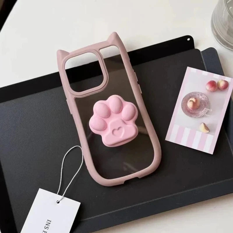 INS Cute 3D Cat Ear Claw Grip Tok Holder Phone Case for iPhone 15 14 13 12 11 Pro Max Plus XR Acrylic Transparent Cover