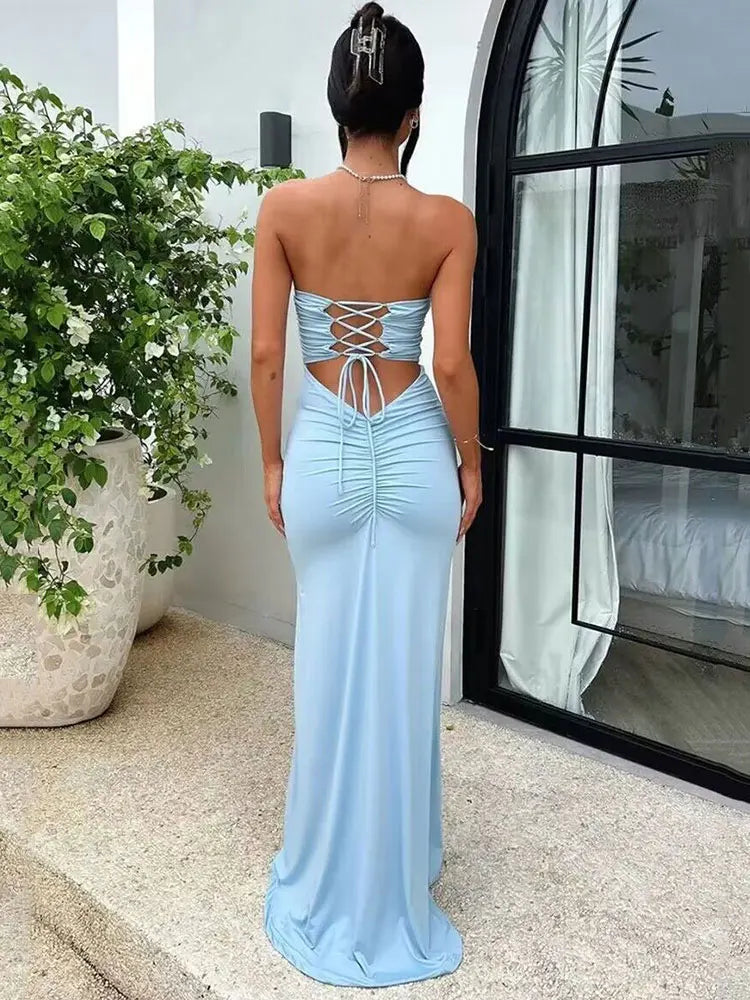 GACVGA Strapless Backless Lace-up Maxi Dress For Women 2024 Summer Off-shoulder Sleeveless Sexy Bodycon Club Party Long Dress