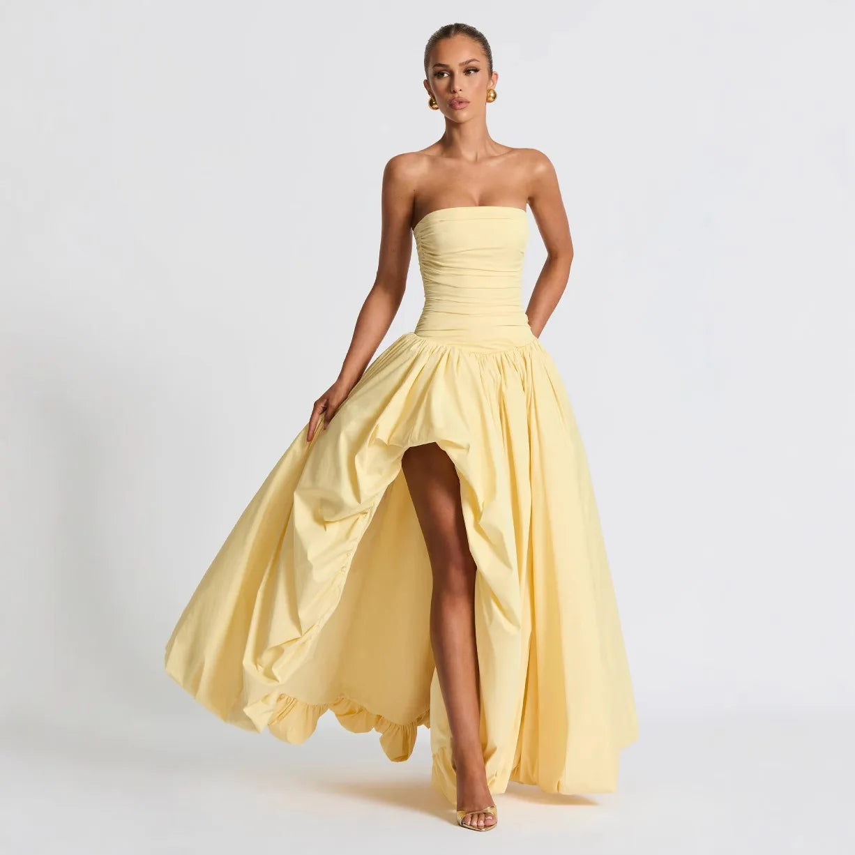 Womens Yellow Evening Dress Fashion Strapless A-line Bubble Hem Slim Robes Summer Lady Party Dresses vestidos 2025