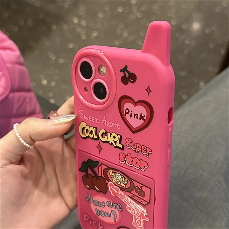 Coque de téléphone portable rétro coréenne amusante Y2K avec miroir de maquillage 3D rose et cœur cerise pour iPhone 15, 14, 13, 12, 16 Pro Max