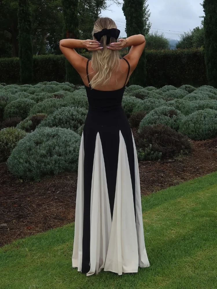 Fashion Contrast Patchwork Pleated Sling Dress Elegant Backless Sleeveless Women High Waist Vestdio New Lady Slim Fit Party Gown