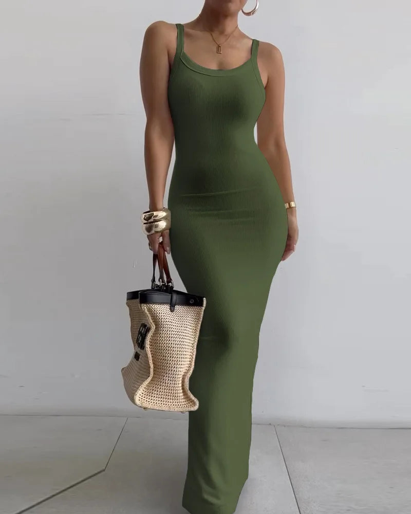 Printed Slim Sexy Spaghetti Strap Long Dresses Women Fashion Trendy Y2k Sleeveless Solid Skinny Bodycon Maxi Vestidos Summer New