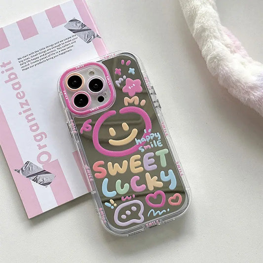 Sweet Lucky Smile Pattern Makeup Mirror Hard Back Case For iPhone 13 15 16 Pro Max 14 11 12 Cute Girl Shockproof Cover