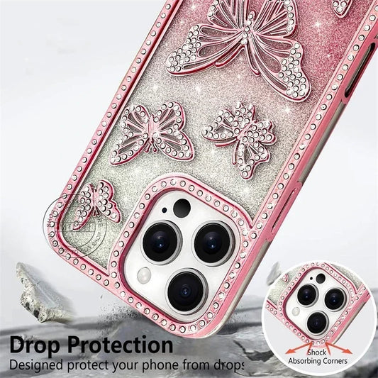 Bling Rhinestone 3D Case For iPhone 16 15 14 13 12 11 Pro Max Plus Cover Diamond Butterfly Shiny Sparkle Girls Cute Woman Beauty