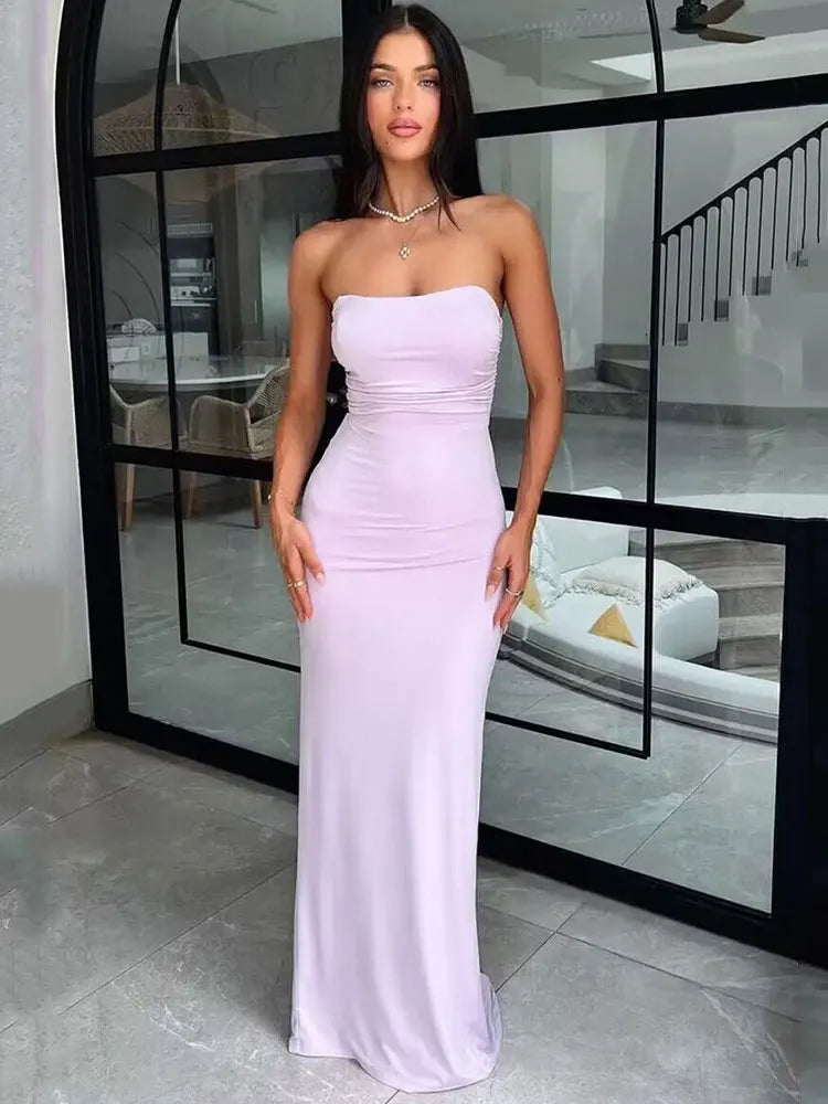 GACVGA Strapless Backless Lace-up Maxi Dress For Women 2024 Summer Off-shoulder Sleeveless Sexy Bodycon Club Party Long Dress