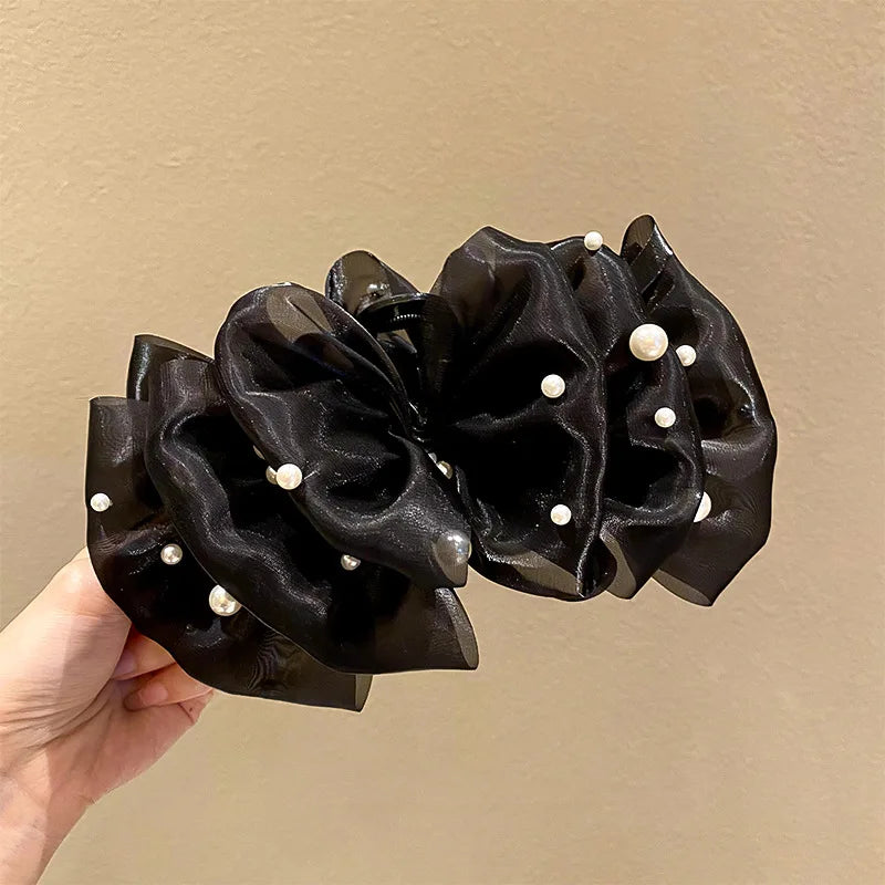Summer Sweet Mesh Tulle Big Bow Hair Claw Clips for Women Solid colors Elegant Bowknot Ponytail clip New Headdress Accessories
