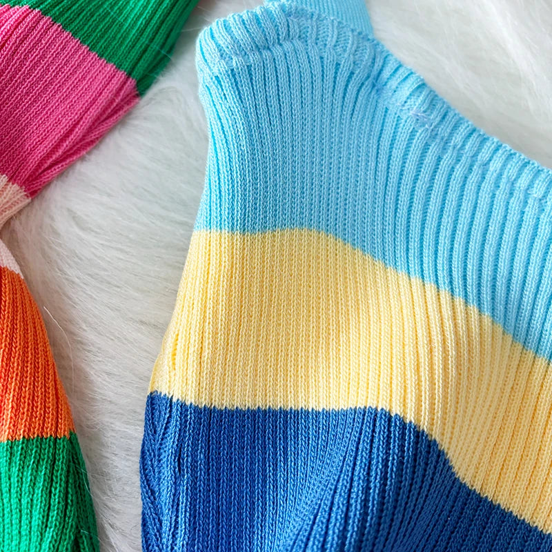 Chic Elastic Sexy Wrap Hips Maxi Long Dress Women Y2K Rainbow Knitted Bodycon Summer Dress Streetwear Ladies Outfits Sundress