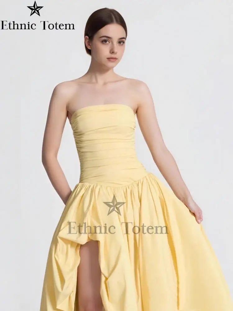 Womens Yellow Evening Dress Fashion Strapless A-line Bubble Hem Slim Robes Summer Lady Party Dresses vestidos 2025