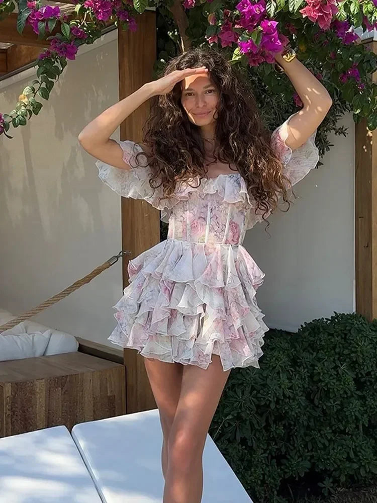 Elegant Holiday Pleated Print Mini Dress Fashion Women Off Shoulder Sleeveless High Waist A-line Gown Summer Party Club Vestidos