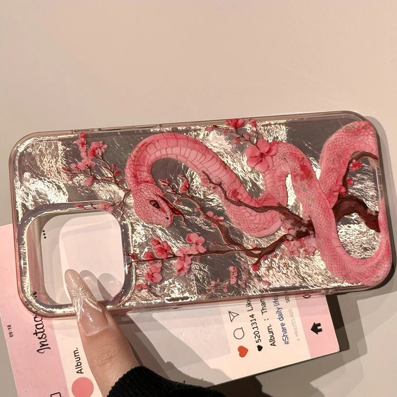 Illustration Plum Blossom Pink Snake Phone Case For iPhone 16 Pro Max 15 14 Plus 13 12 11 XS X XR 7 8 16 Plus SE 2022 16e Cover