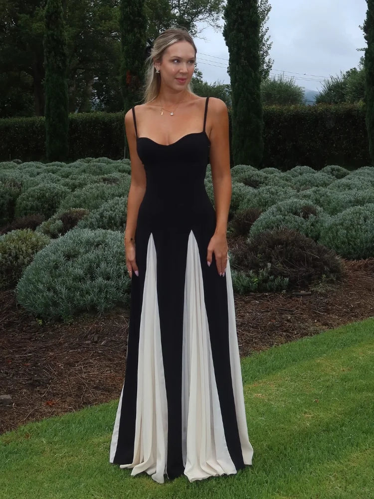 Fashion Contrast Patchwork Pleated Sling Dress Elegant Backless Sleeveless Women High Waist Vestdio New Lady Slim Fit Party Gown