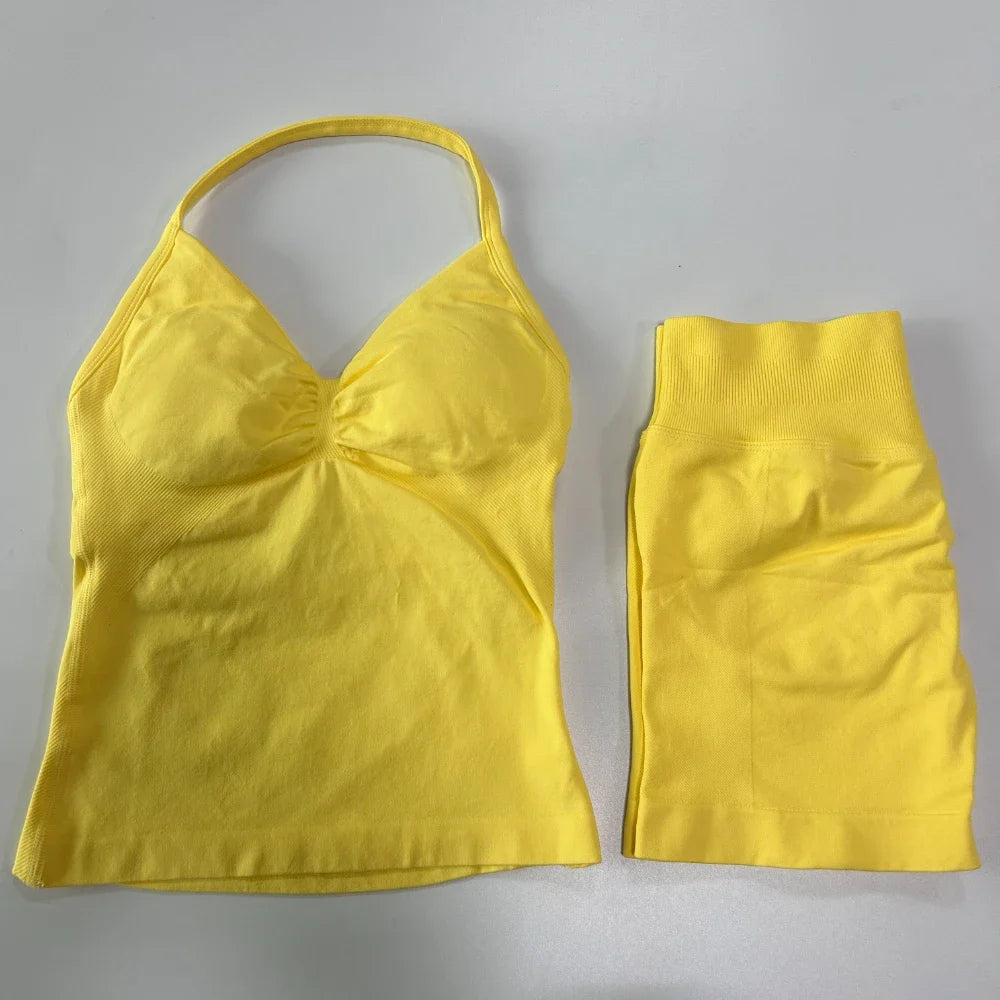 2Pcs Impact Gym Set Women Backless Tank Tops High Waist Scrunch Seamless Shorts Gym Suit Fitness Clothes Activewear Workout Sets