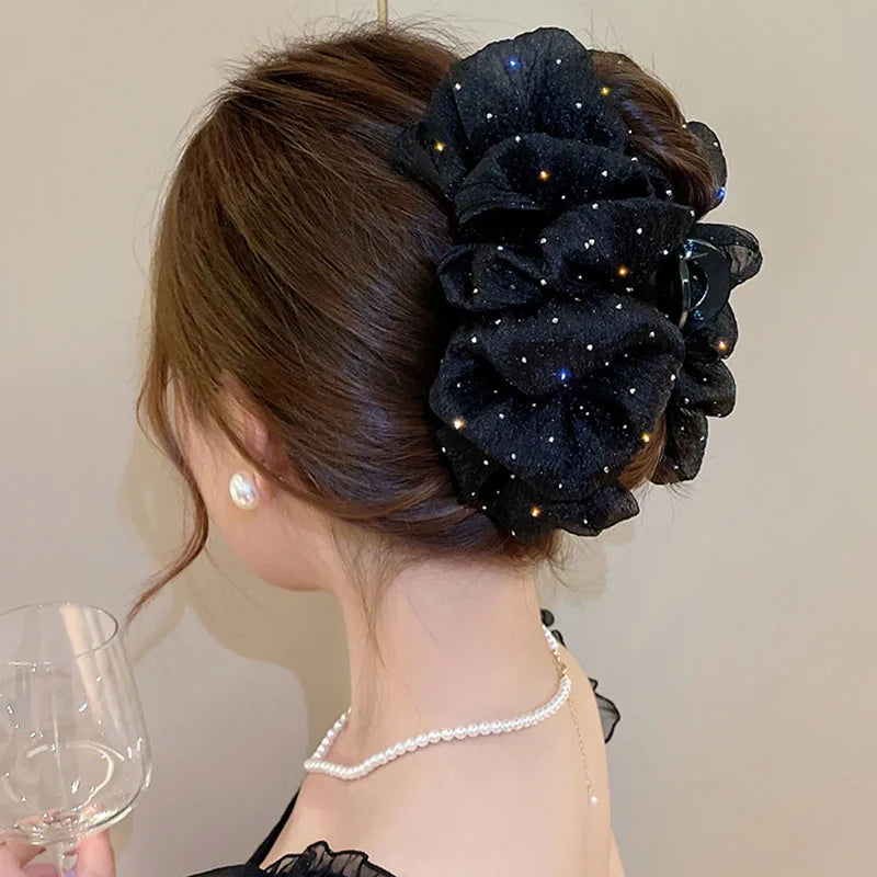 Summer Sweet Mesh Tulle Big Bow Hair Claw Clips for Women Solid colors Elegant Bowknot Ponytail clip New Headdress Accessories