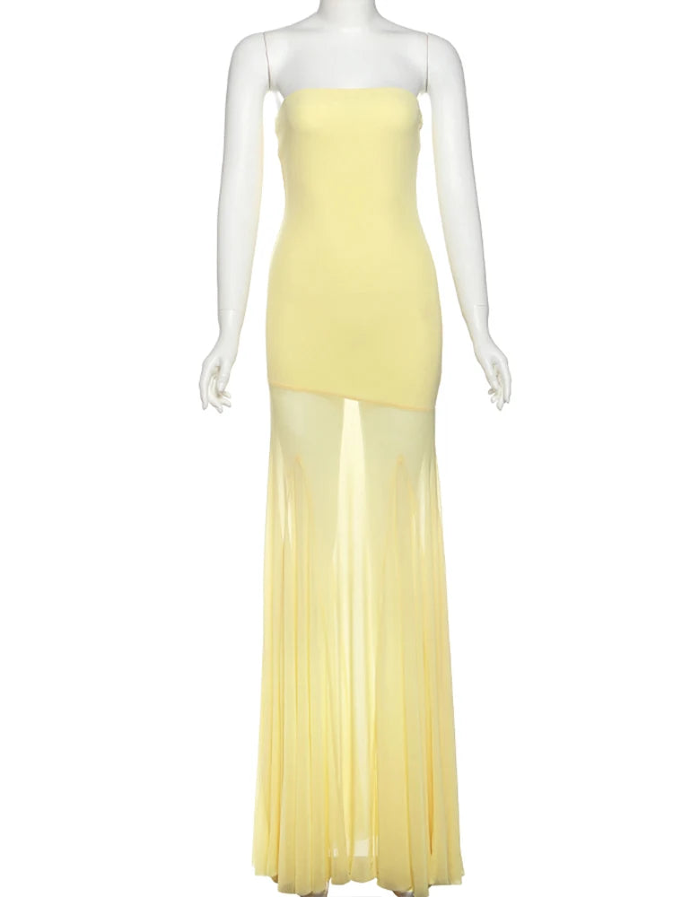 Nibber Patchwork Dress Women See Through Temperament Solid Pleated Strapless Sleeveless Backless Slim Banquet Party Vestidos