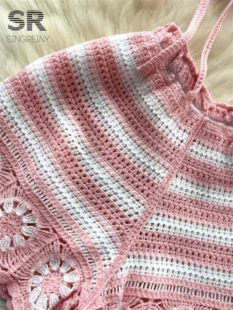 SINGREINY Ensemble 2 pièces en tricot pour femme, tenue de plage, dos nu, sans manches, à lacets, camisole + short à taille élastique, crochet, fleur creuse, ensemble 2 pièces