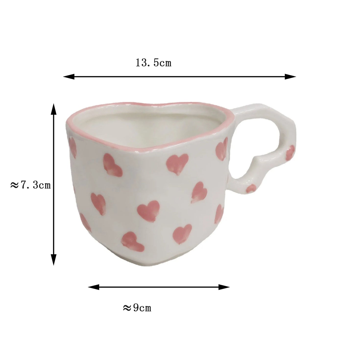 Tasse fantaisie peinte à la main de 250 ml avec poignée en forme de cœur, idéale pour l'eau et le lait, jolie tasse à café en céramique rose faite à la main