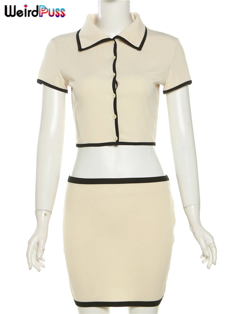 Ensemble 2 pièces côtelé pour femme, col polo, short boutonné, haut court et mini-jupe assortis, extensibles et élégants, style streetwear