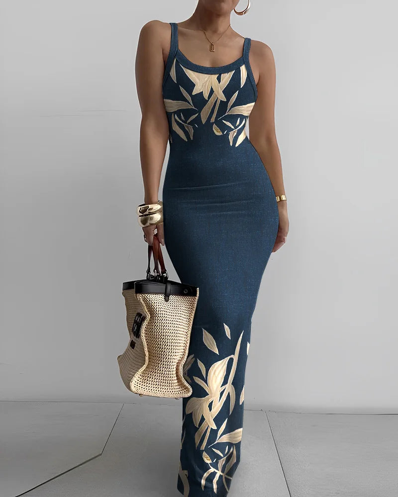 Printed Slim Sexy Spaghetti Strap Long Dresses Women Fashion Trendy Y2k Sleeveless Solid Skinny Bodycon Maxi Vestidos Summer New