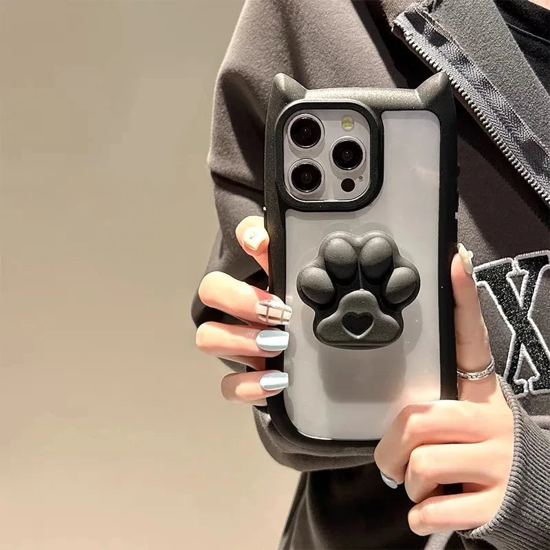 INS Cute 3D Cat Ear Claw Grip Tok Holder Phone Case for iPhone 15 14 13 12 11 Pro Max Plus XR Acrylic Transparent Cover