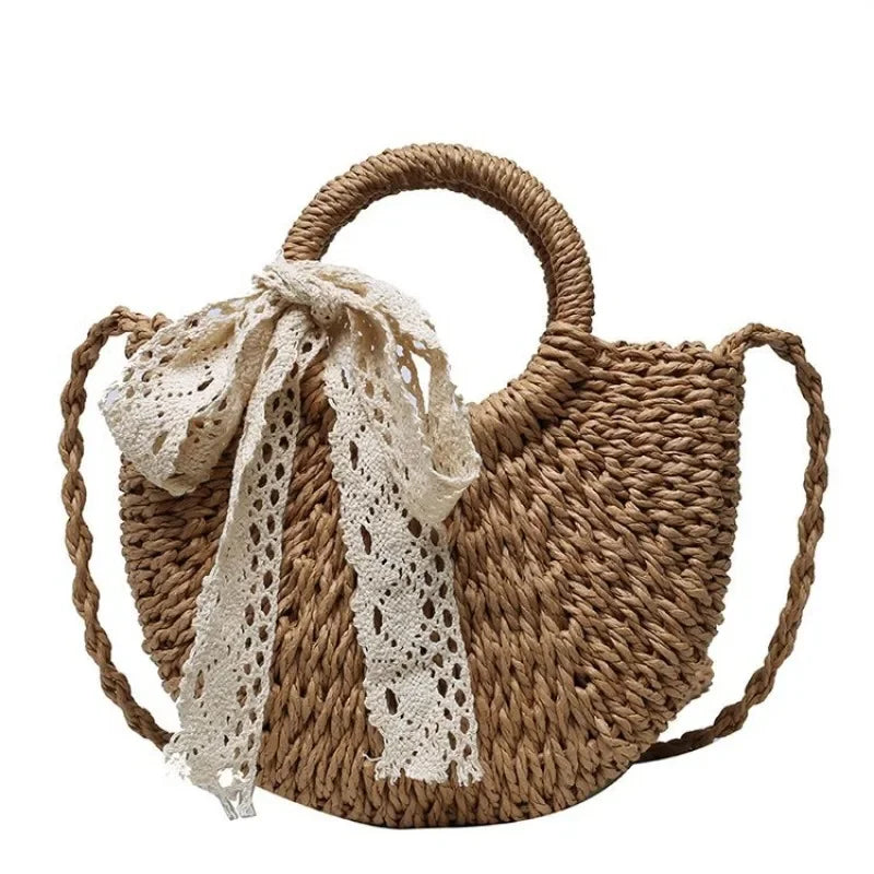 Straw Bag Women Hand-Woven Handbag Moon Shape Lace Bow Rattan Bag Big Capacity Drawstring Casual Beach Shoulder Crossbody Bag