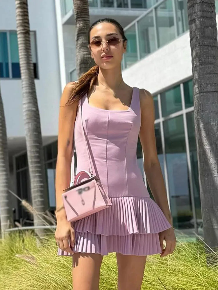 TRAFZA Women Summer Square Collar Sleeveless Solid Mini Dress Woman Elegant Chic High Street Slim Short Dress Pleated Dress