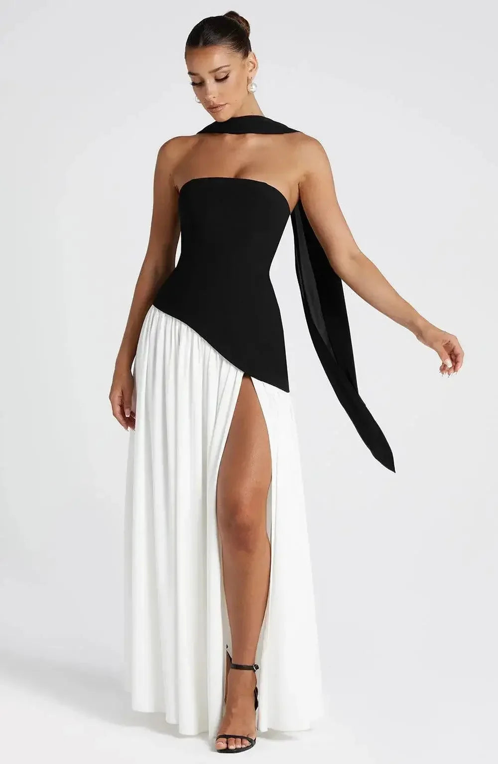 Elegant Solid Pleated Maxi Dress Women Sexy Sleeveless Off Shoulder High Slit Spliced Scarf Slim Fit Dresses 2025 New Party Wear