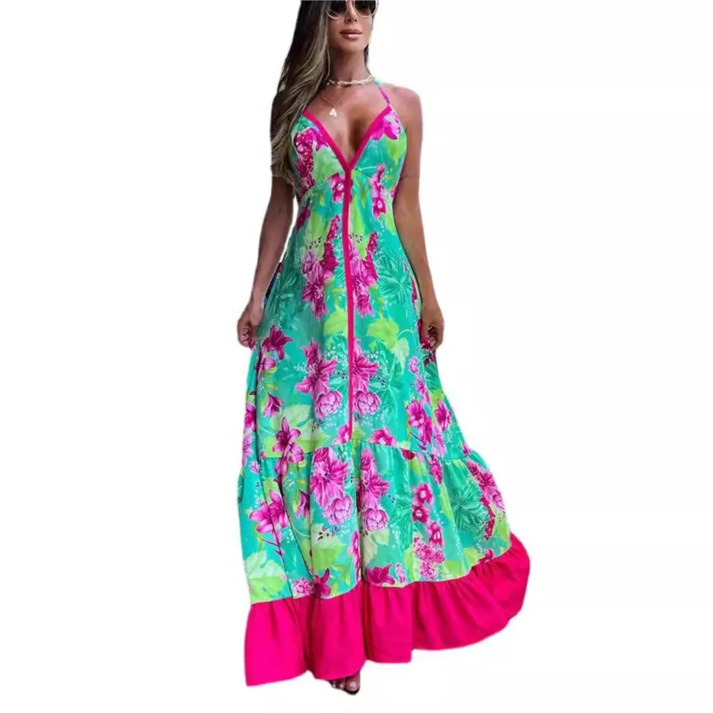 Fashion Print Sexy Halter Beach For Women's Dresses New Summer Slim Swing Elegant Female Deep V Neck Party Dress