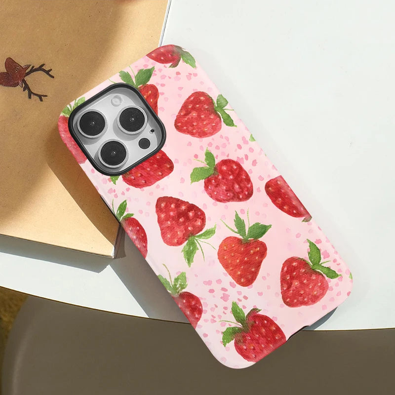 Cute Strawberry Pattern Case For iPhone 12 13 11 14 15 Plus 16 Pro Max Luxury 2 in 1 Magnetic Double-layer PC Back Cover