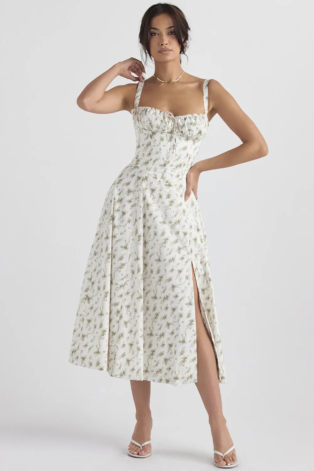 Floral Printed Women Dress Summer Elegant Solid Slim Sleeveless Slip Female Side Split Waist Lady A-line Robe Sexy White Dresses