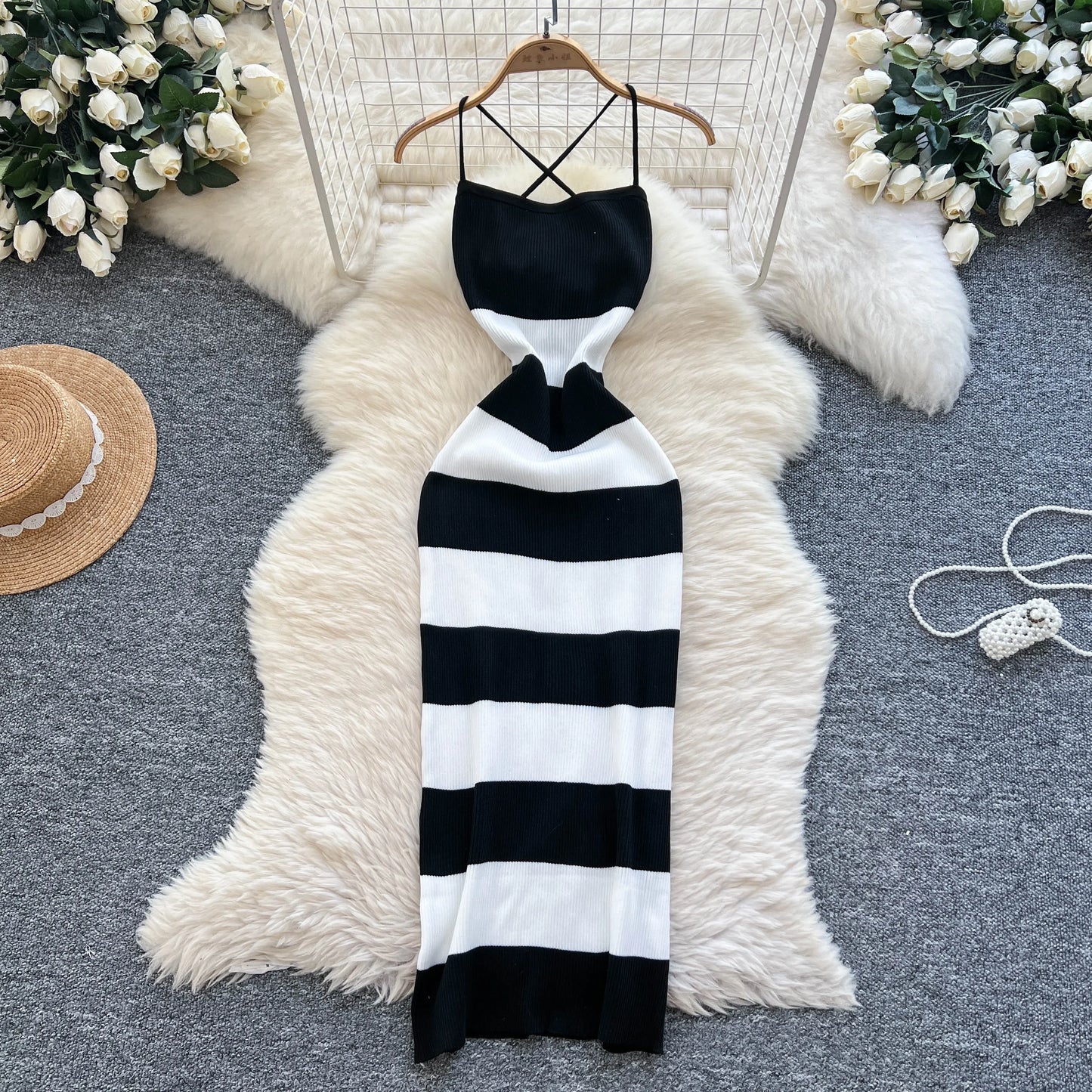 New Summer Stripe Elastic Bodycon Strap Dress Sexy Blackless Beach Sundress Women Casual Slim Pencil Vestidos Maxi Long Dress