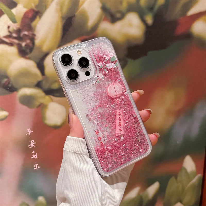 Peach Blossom Glitter Quicksand Case for iphone 16 15 14 13 Pro Max 16PRO Soft Protective Dynamic Liquid Cell Phone Cover Shell