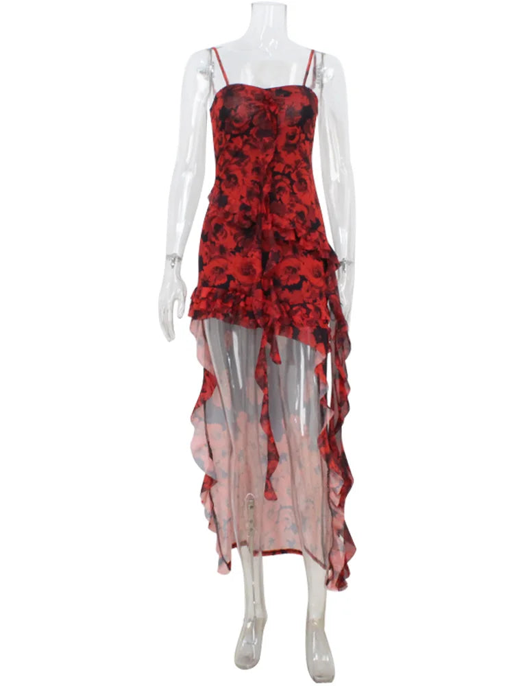 CNYISHE Camisoles Mesh Patchwork Prints Sheer Irregular hemline Trendy Chic Sheath Women Dresses Sexy Club Streetwear Female
