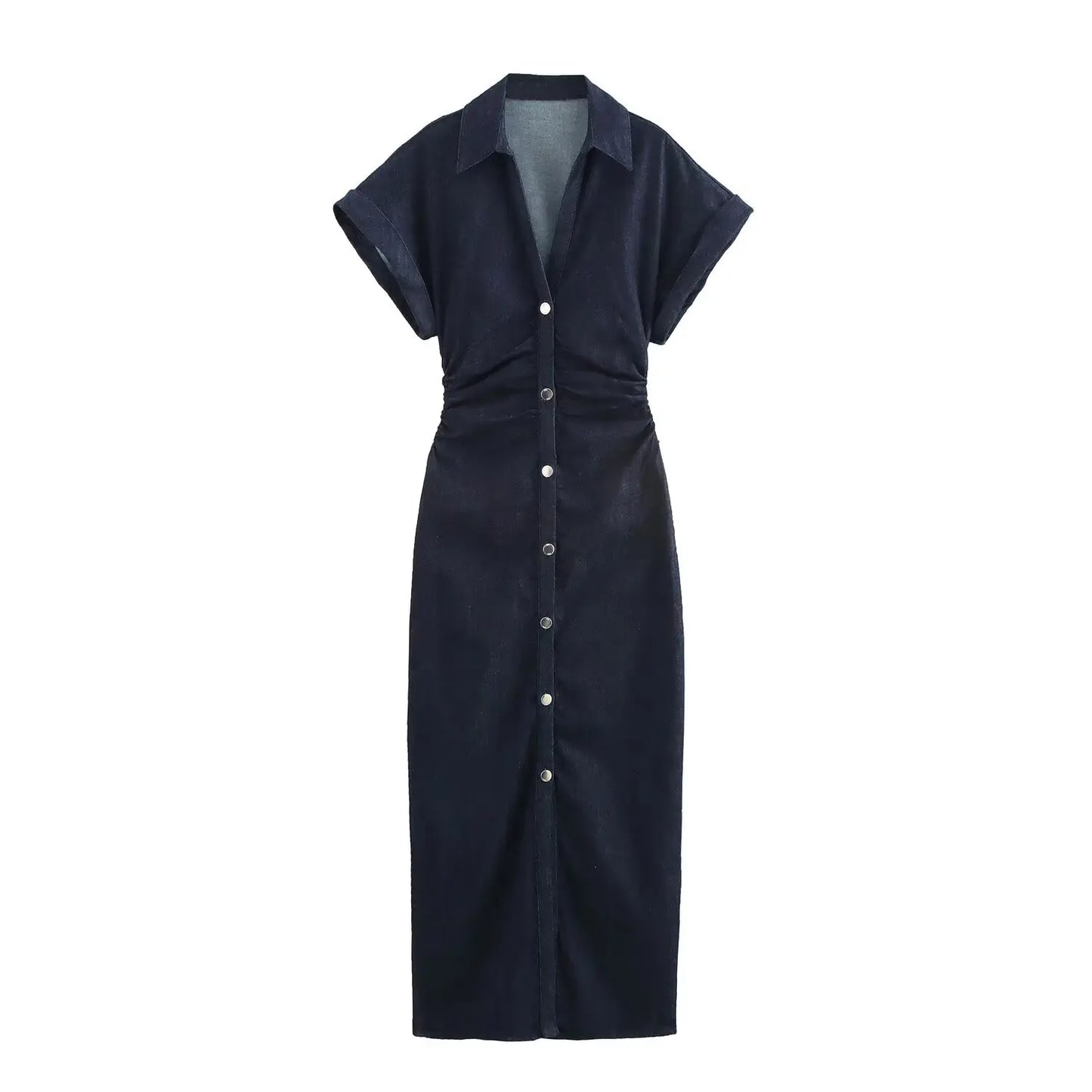 ETJ 2025 met Printemps Nouvelle série 1975 Robe midi en jean avec fermeture éclair latérale à revers Mode Taille froissée Robe mince élégante