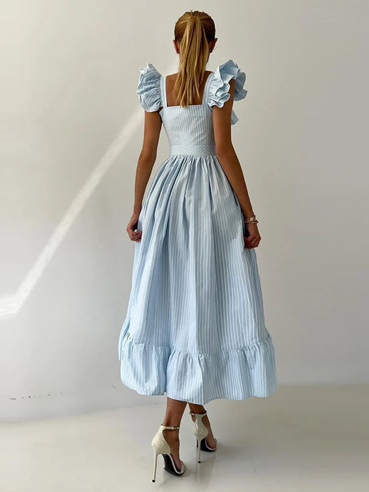 Flying Sleeves Striped Flounce Halter Dress Woman Waist Cinching Single Breasted A-Line Robes Chic Fashion Women's Long Dresses